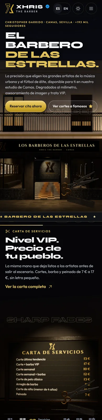 La web de Xhris The Barber en un móvil
